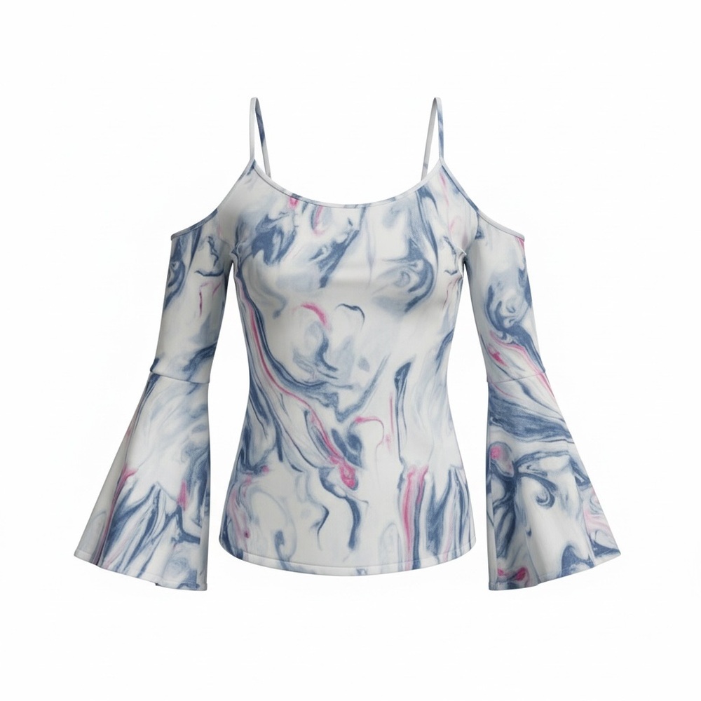 Hollister Marble Print Cold Shoulder Bell Sleeve Top M